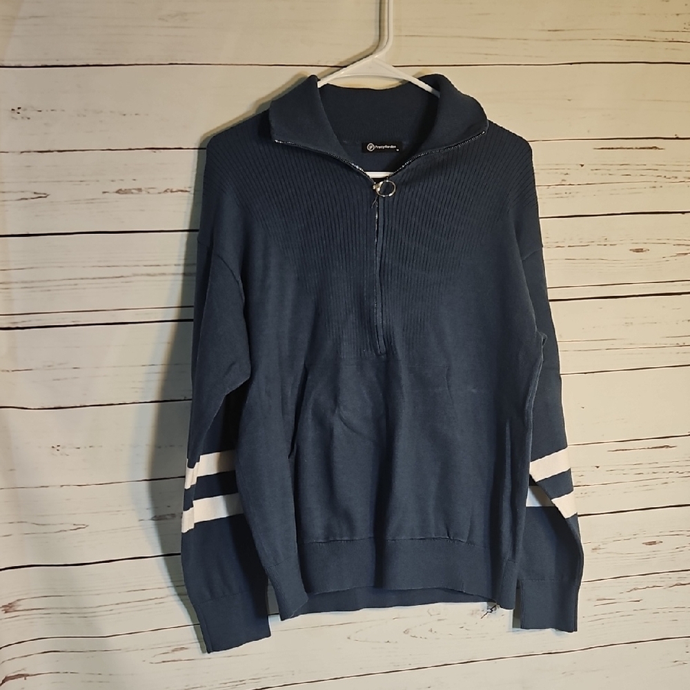 PrettyGarden Womens Blue Quarter Zip Sweater Striped Sleeve Size M‎